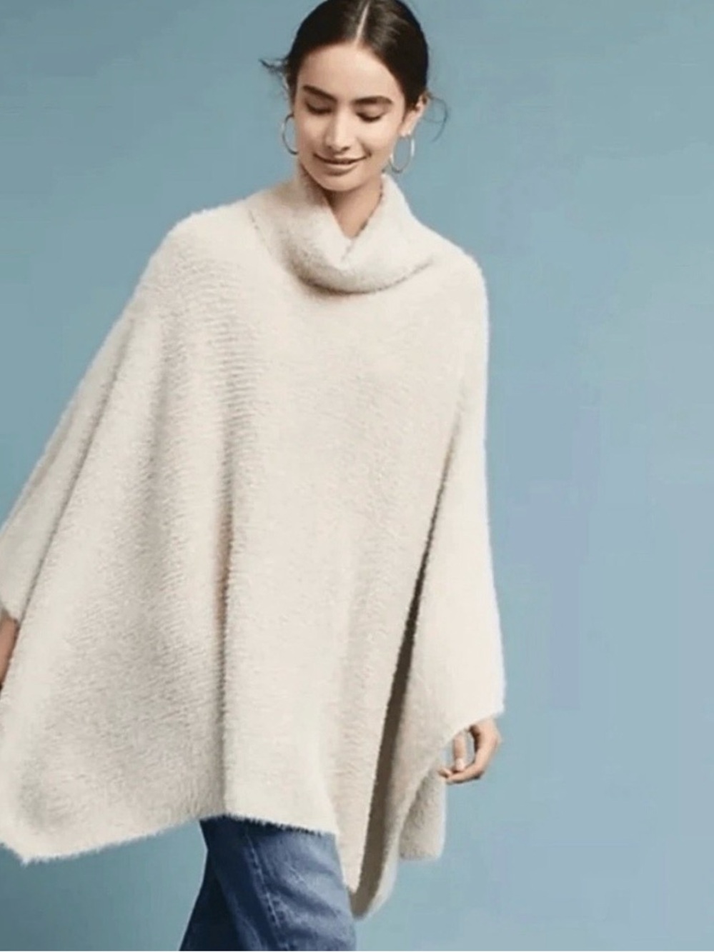 Anthropologie Sleeping on Snow Metallic Poncho Turtleneck Sweater Ivory Gold O/S